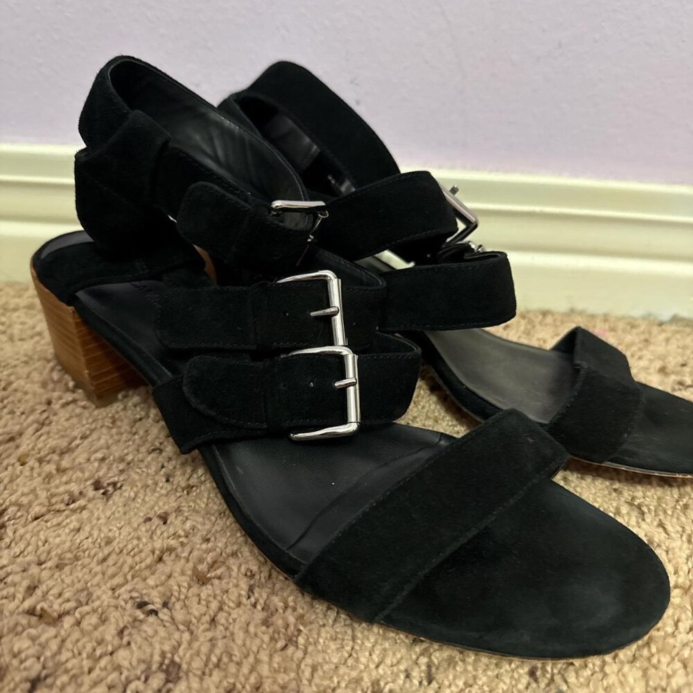 Rebecca Minkoff black suede block heel sandals with ankle buckles